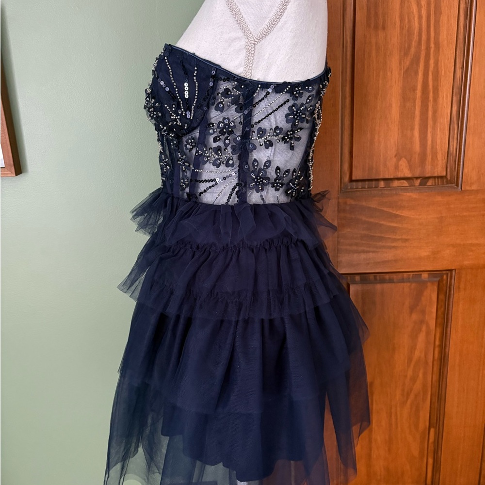 Navy Beaded Tulle Party Dress - Picture 2 of 5